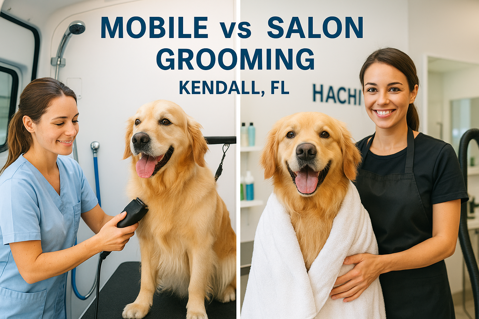 Side-by-side comparison of mobile vs salon dog grooming Kendall, FL, showing a mobile groomer with a dog in a van and a salon groomer drying a happy dog at Hachi.