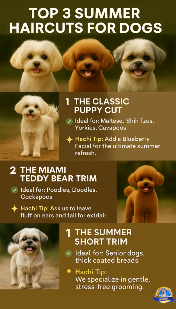 🐾 Keep Your Pup Cool This Summer: Top 3 Dog Haircuts in Kendall, FL 5 Printable flyer infographic showing summer dog haircuts – Hachi Dog Grooming Kendall FL – includes grooming service highlights and contact information