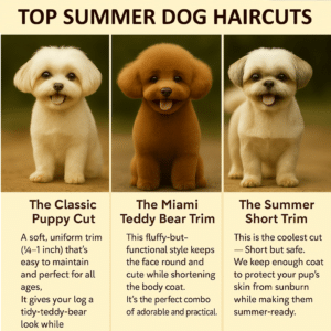 Square format infographic for Instagram – Top summer haircuts for dogs in Miami – Puppy Cut, Teddy Bear Trim, and Summer Short Trim with ideal dog breeds